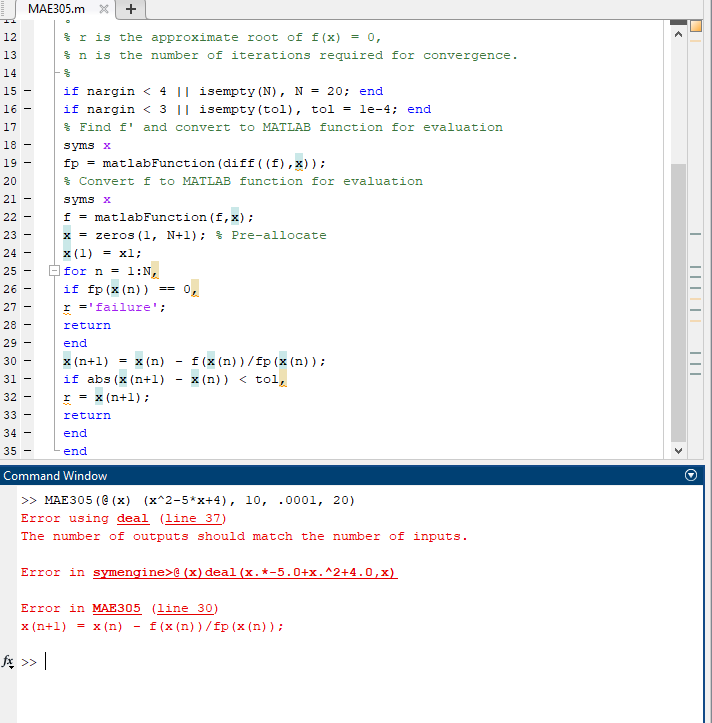function [] = Newton(f, x1, tol, N) % % Newton uses Newtons