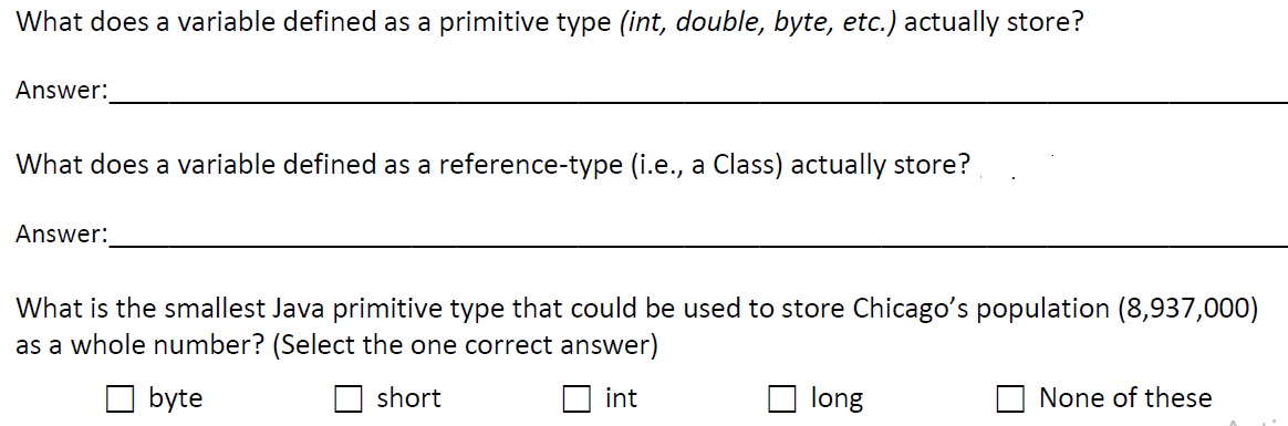  What does a variable defined as a primitive type (int, double,