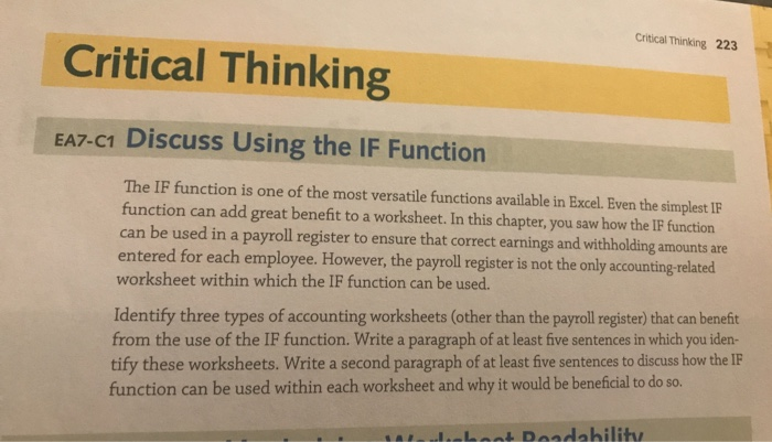 Critical Thinking 223 Critical Thinking EA7-C1 Discuss Using the IF Function