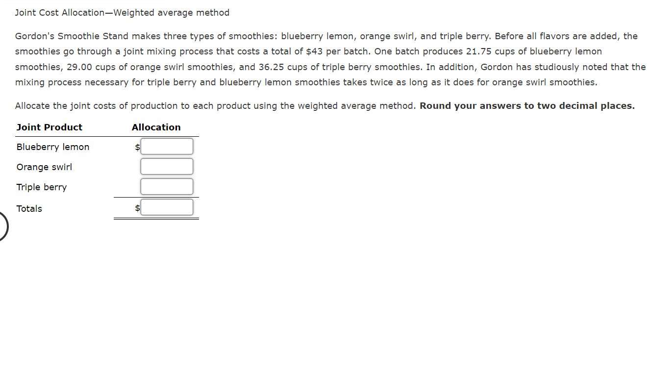  Joint Cost Allocation-Weighted average method Gordon's Smoothie Stand makes three types