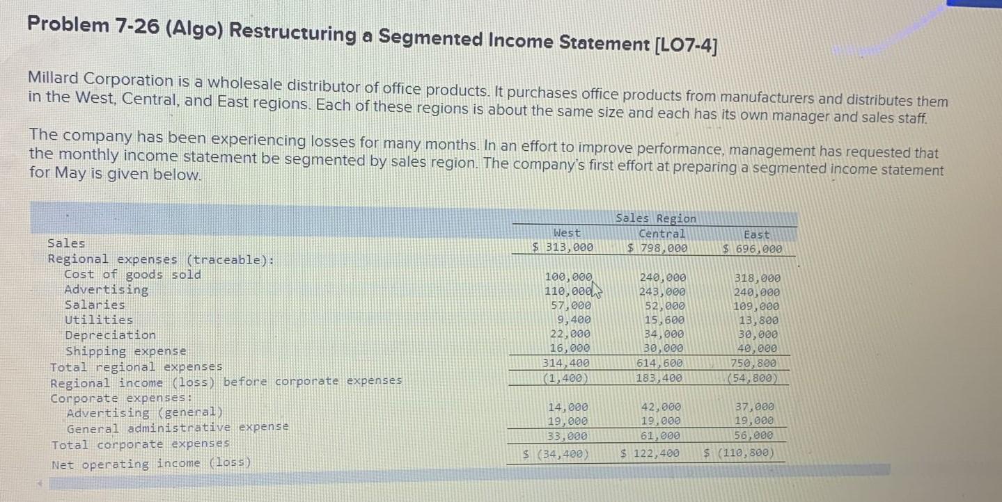  Problem 7-26 (Algo) Restructuring a Segmented Income Statement [LO7-4] Millard Corporation