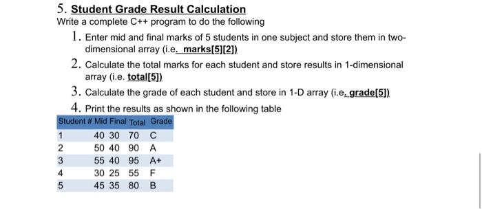  5. Student Grade Result Calculation Write a complete C++ program to