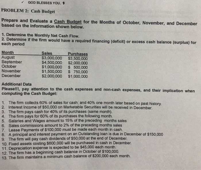 GOD BLESSES YOU. PROBLEM 2: Cash Budget Prepare and Evaluate a