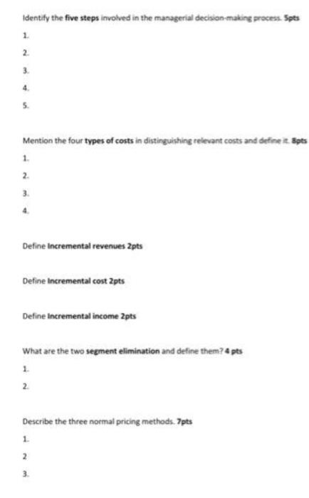 1. 2. 3. 4. 5. Mention the four types of costs in