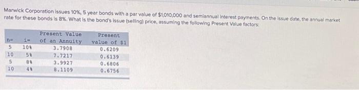  Marwick Corporation issues 10%,5 year bonds with a par value of