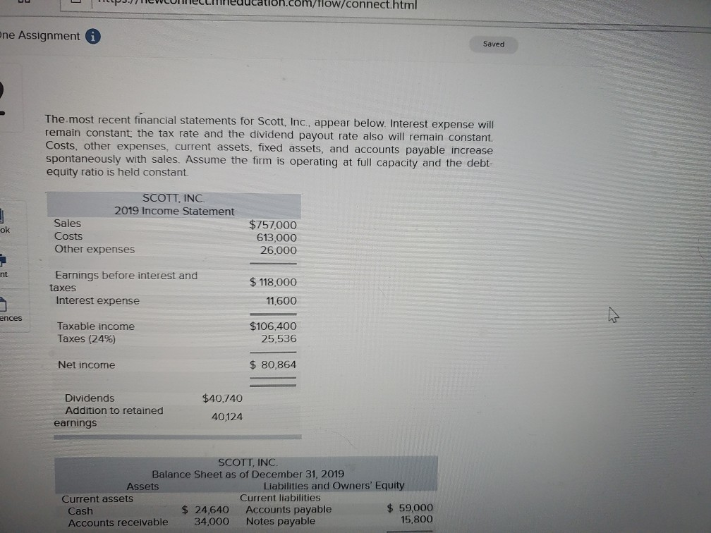 INCUIELIEUucation.com/flow/connect.html ne Assignment Saved The most recent financial statements for Scott,