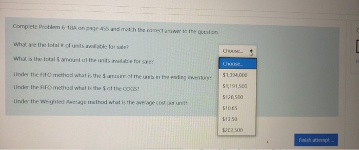  Complete Problem 6-18A on page 455 and match the correct answer