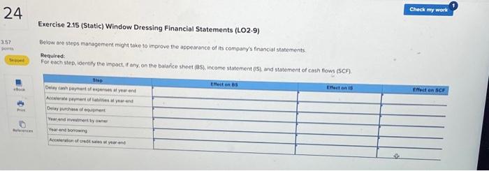  Exercise 2.15 (Static) Window Dressing Financial Statements (LO2-9) Belaw ace steps
