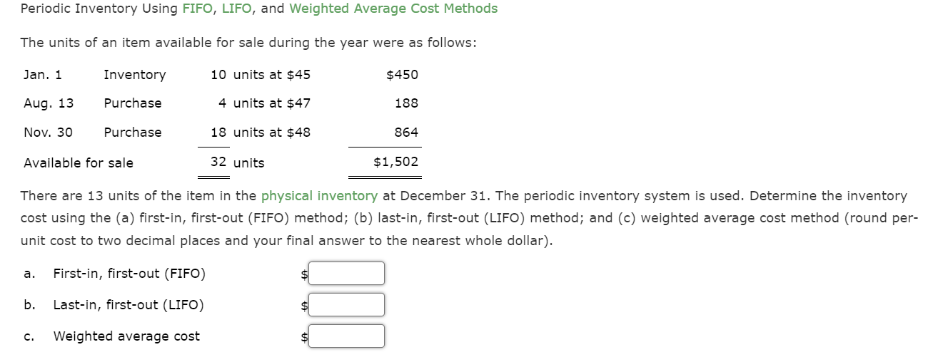 Periodic Inventory Using FIFO, LIFO, and Weighted Average Cost Methods The