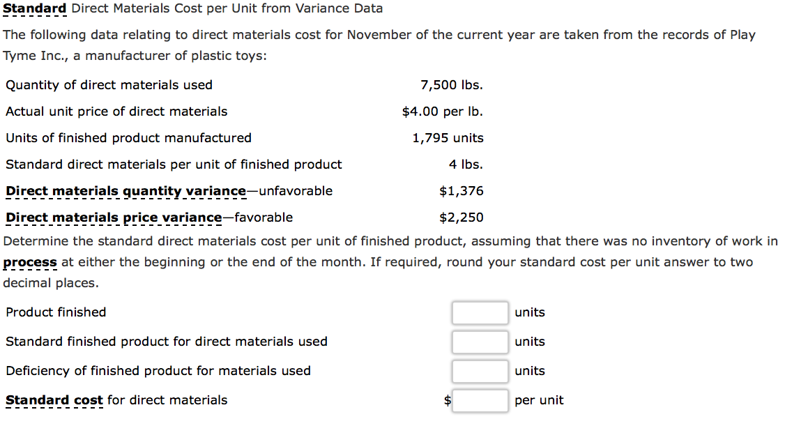  Standard Direct Materials Cost per Unit from Variance Data The following