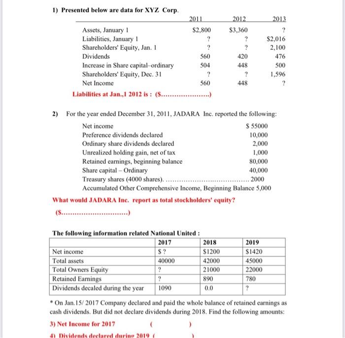  1) Presented below are data for XYZ Corp. 2) For the