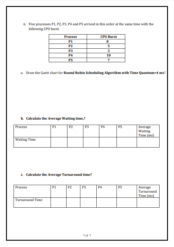 Draw the Gantt chart for SJF (Non Preemptive) scheduling algorithms, b. Calculate