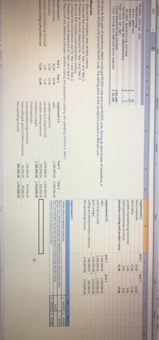 Varlable and Absorption Costing Unit Product Costs and Income Statements [LO6-1, LO6-2,