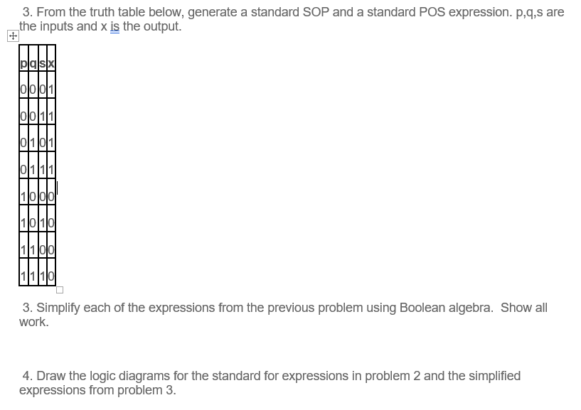  3. From the truth table below, generate a standard SOP and
