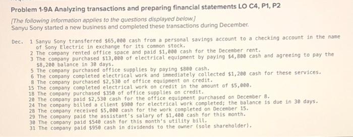  please fill out the table properly Problem 1-9A Analyzing transactions and