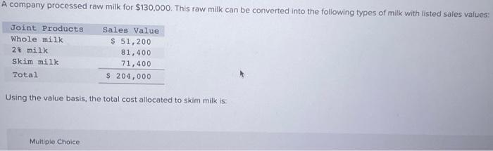  please answer, no work is needed Using the value basis, the