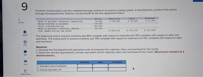  Pureform, Incorperated, uses the woighted-average method in its process costing system.