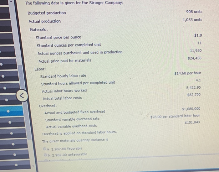  The following data is given for the Stringer Company: 908 units