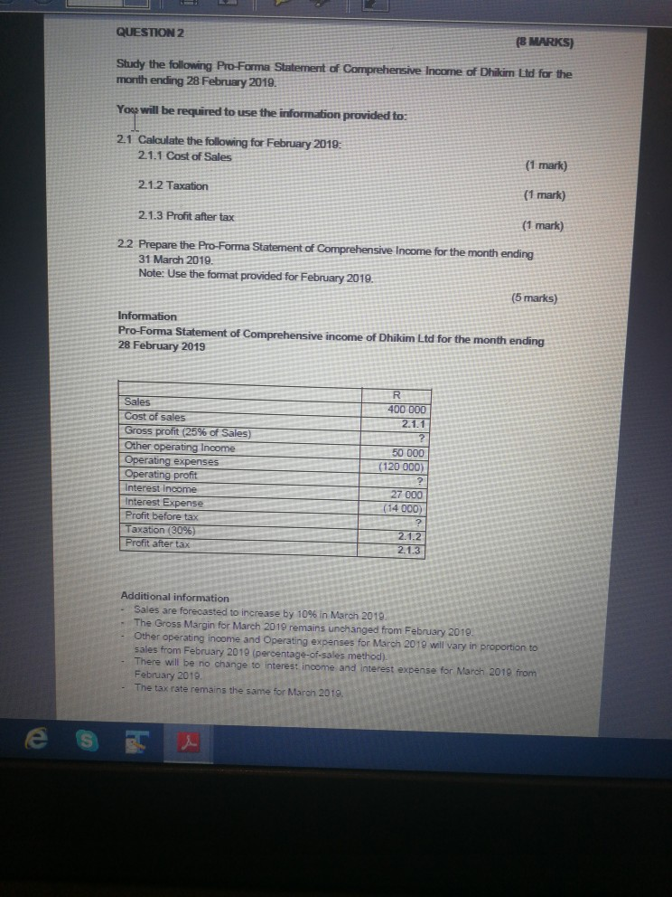  QUESTION 2 (8 MARKS) Study the following Pro-Forma Statement of Comprehensive