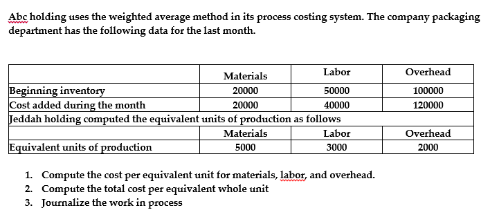 Abc holding uses the weighted average method in its process costing
