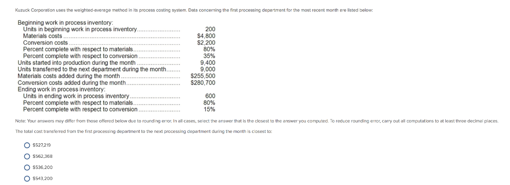 Kuzuck Corporation uses the weighted-average method in its process costing system.