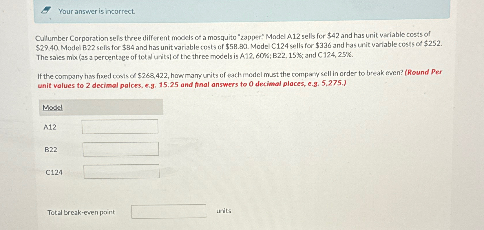  Your answer is incorrect. Cullumber Corporation sells three different models of