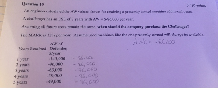  Question 10 0 / 10 points An engineer calculated the AW