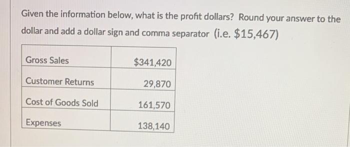  Given the information below, what is the profit dollars? Round your