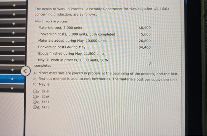  0 The debits to Work in Process-Assembly Department for May, together