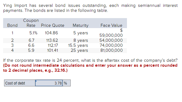 Ying Import has several bond issues outstanding, each making semiannual interest payments.
