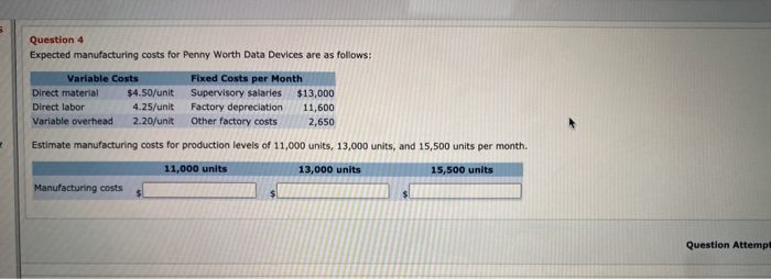  Question 4 Expected manufacturing costs for Penny Worth Data Devices are