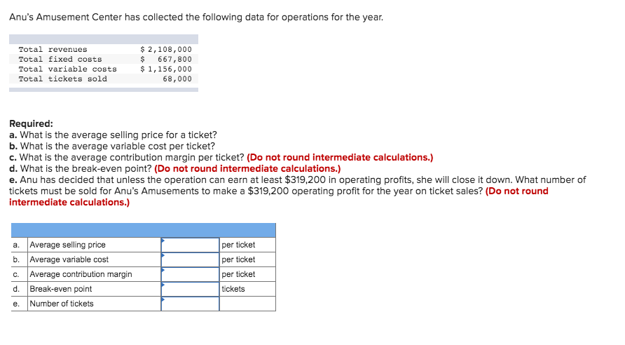  Anu's Amusement Center has collected the following data for operations for