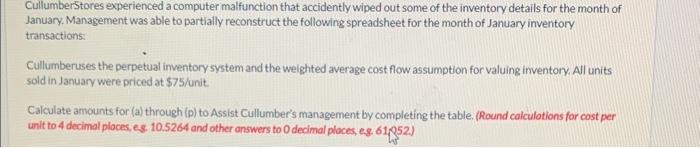  Cullumberstores experienced a computer malfunction that accidently wiped out some of