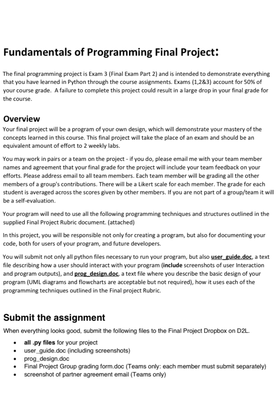  Fundamentals of Programming Final Project: The final programming project is Exam