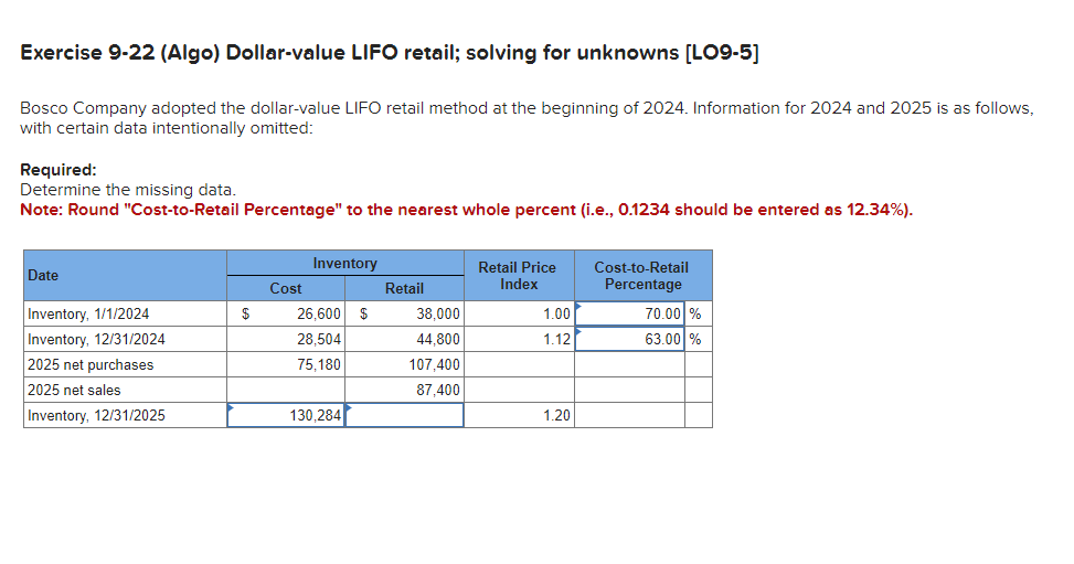 Exercise 9-22 (Algo) Dollar-value LIFO retail; solving for unknowns [LO9-5] Bosco