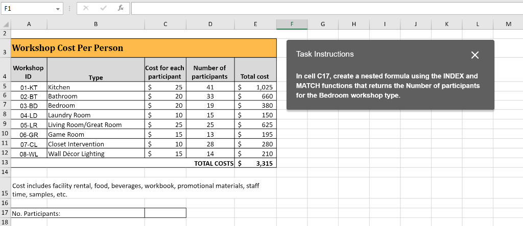  In cell C17, create a nested formula using the INDEX and