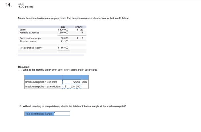  Please help me 14. 4.00 points Menlo Company distributes a single