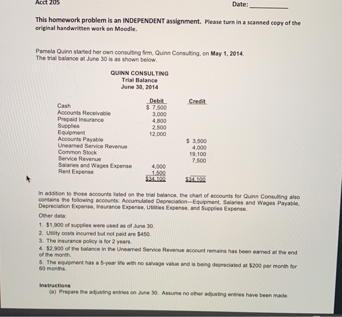  Acct 205 Date: This homework problem is an INDEPENDENT assignment. Please