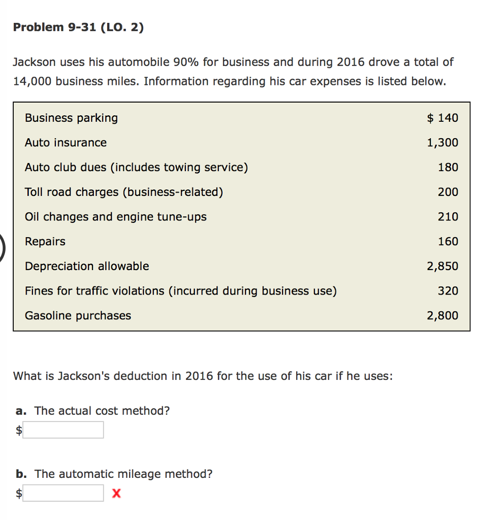  Problem 9-31 (Lo. 2) Jackson uses his automobile 90% for business