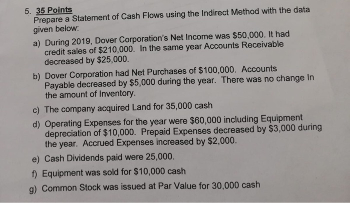  5. 35 Points Prepare a Statement of Cash Flows using the