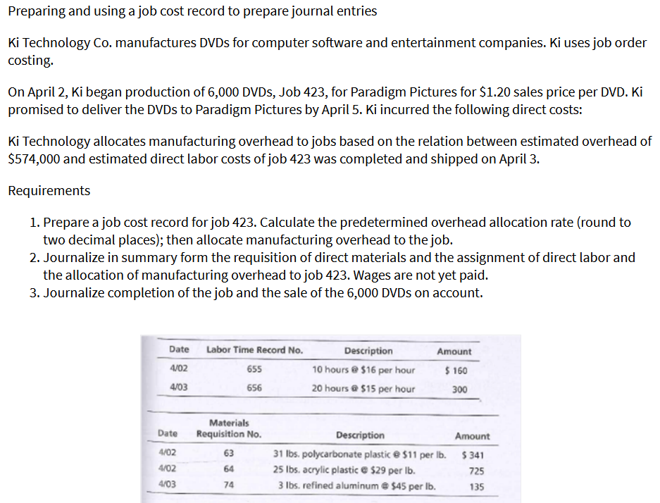 Preparing and using a job cost record to prepare journal entries