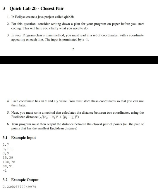  Please use Java 3 Quick Lab 2b Closest Pair 1. In