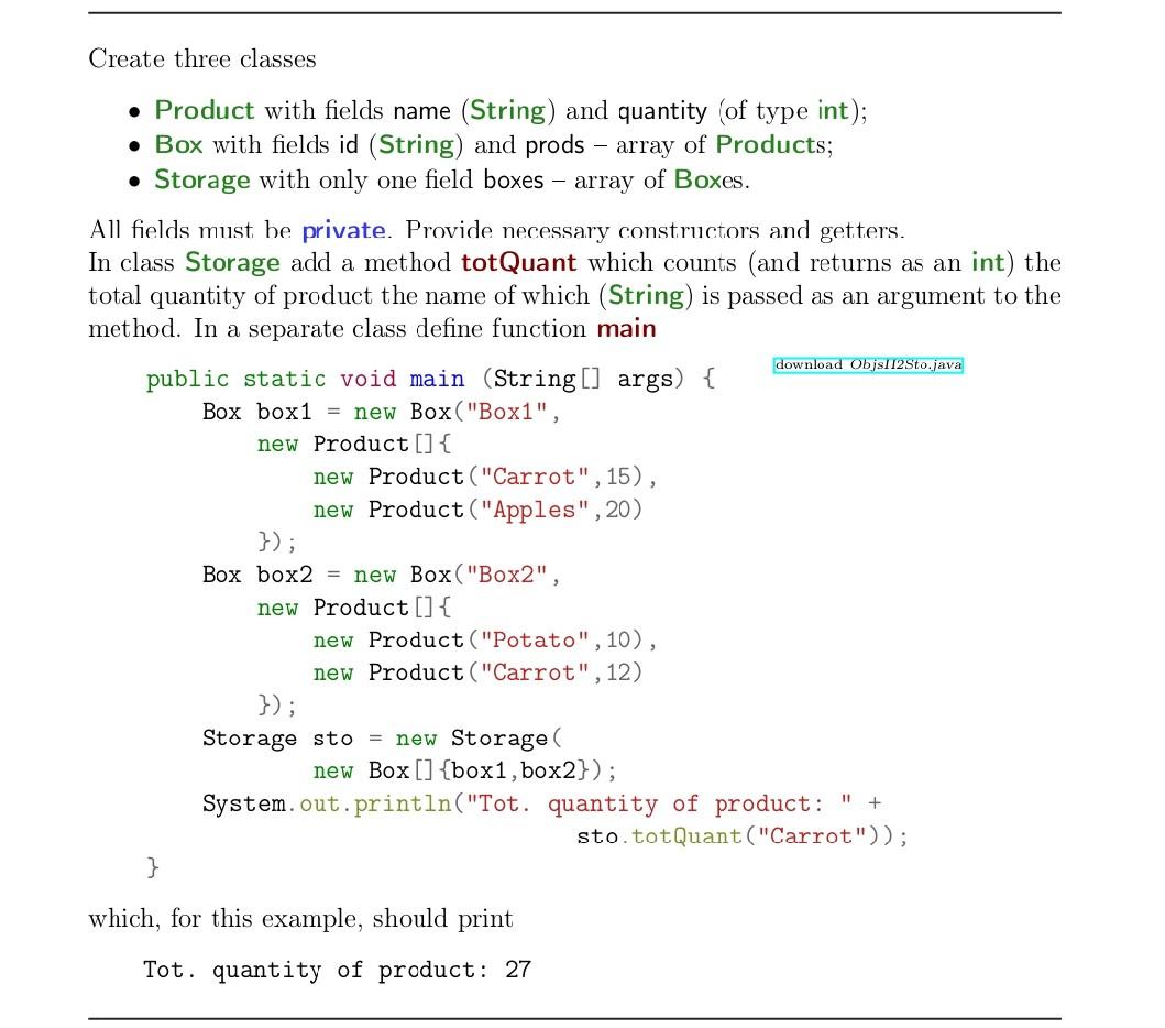 using java Create three classes - Product with fields name (String)