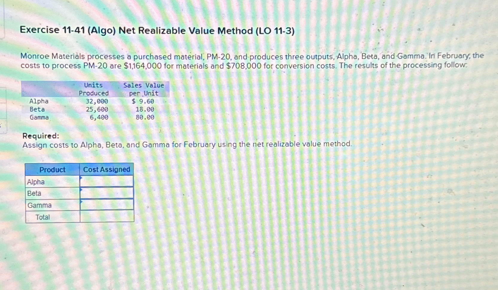  Exercise 11-41(Algo) Net Realizable Value Method (LO 11-3) Monroe Materils processes
