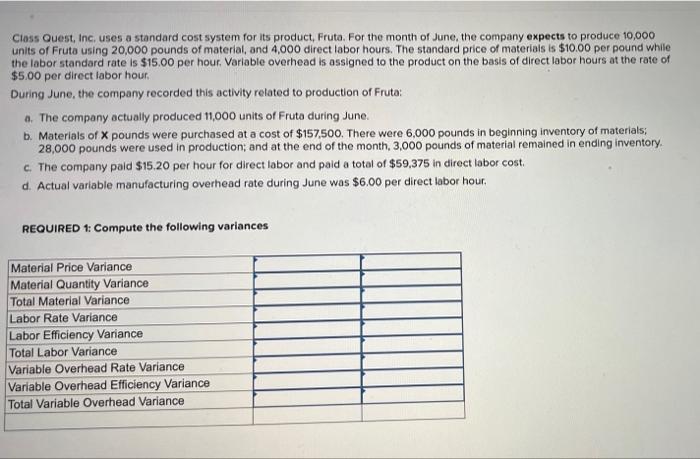 all one problem Class Quest, Inc. uses a standard cost system for