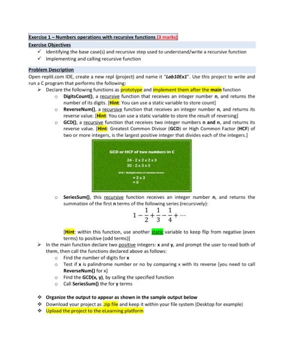 solve it with C language Exercise 1 - Numbers operations with recursive