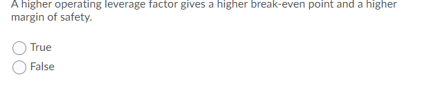  a A higher operating leverage factor gives a higher break-even point