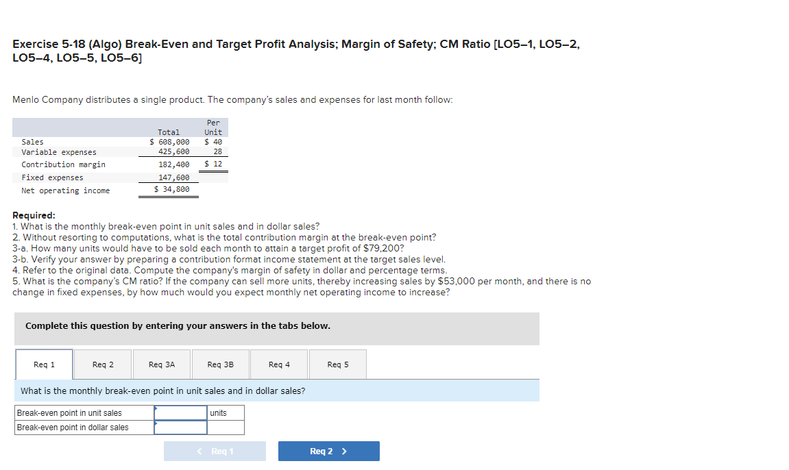  Exercise 5-18(Algo) Break-Even and Target Profit Analysis; Margin of Safety; CM