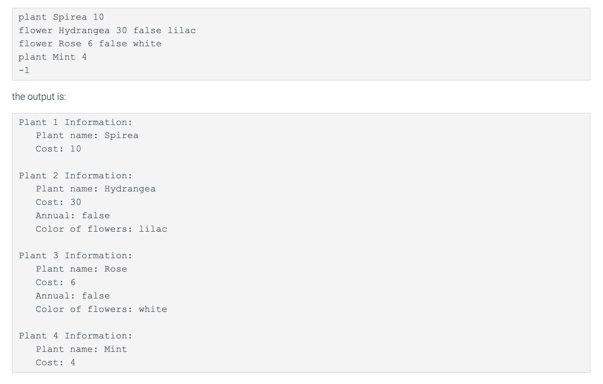 please Given a base Plant class and a derived Flower class, complete