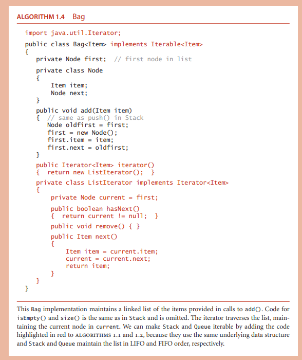 Question. Implement the following BagItem> by using a LinkedList, i.e., set up